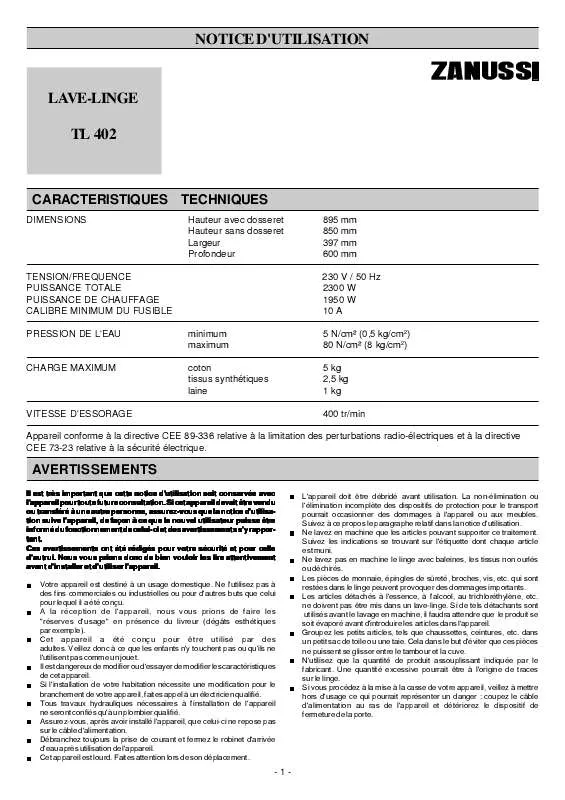 Mode d'emploi ZANUSSI TL402