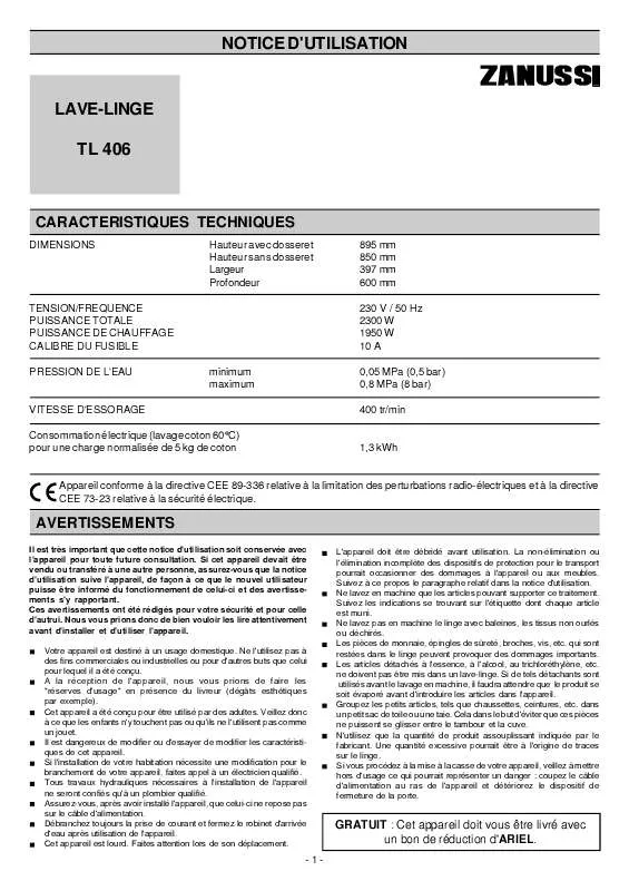 Mode d'emploi ZANUSSI TL406