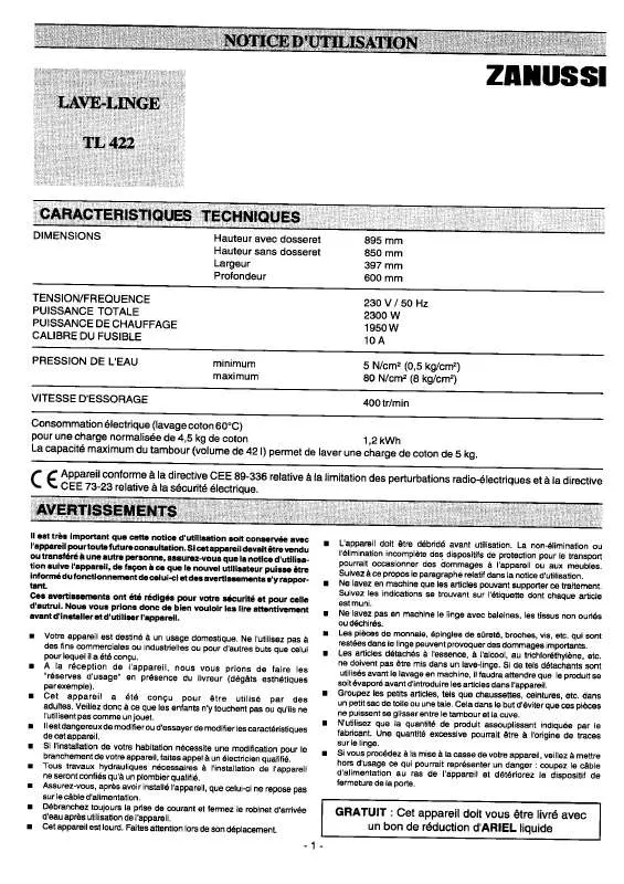 Mode d'emploi ZANUSSI TL422-1