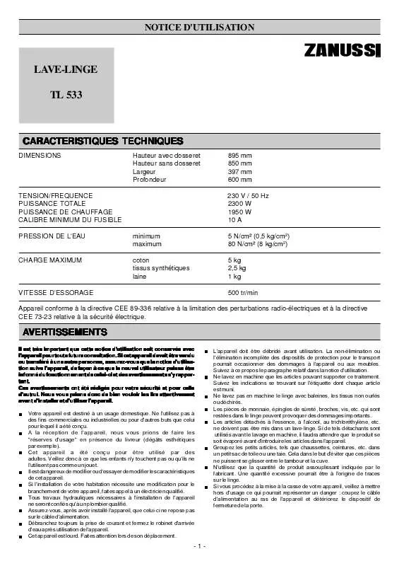 Mode d'emploi ZANUSSI TL533