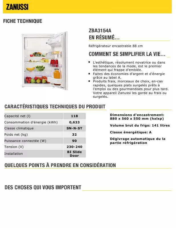 Mode d'emploi ZANUSSI ZBA3154A