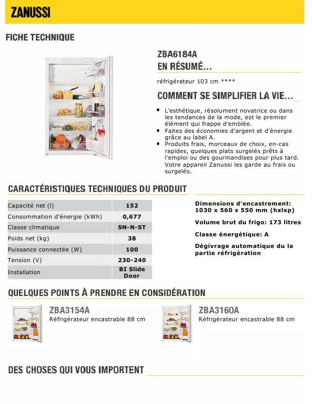 Mode d'emploi ZANUSSI ZBA6184A