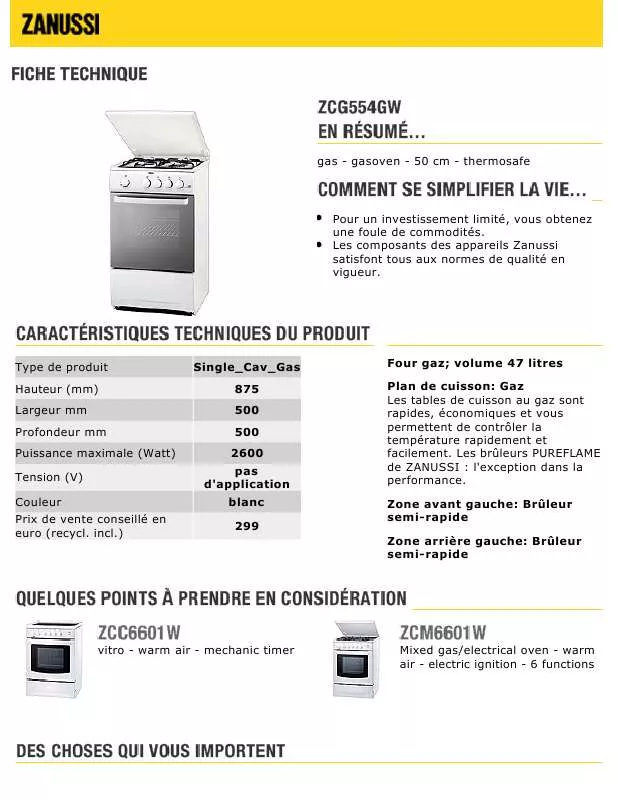 Mode d'emploi ZANUSSI ZCG554GW