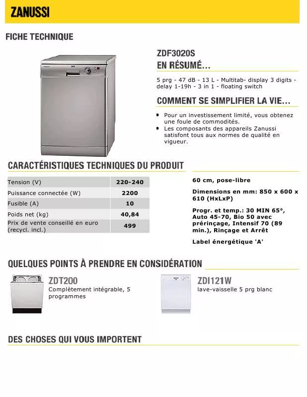 Mode d'emploi ZANUSSI ZDF3020S