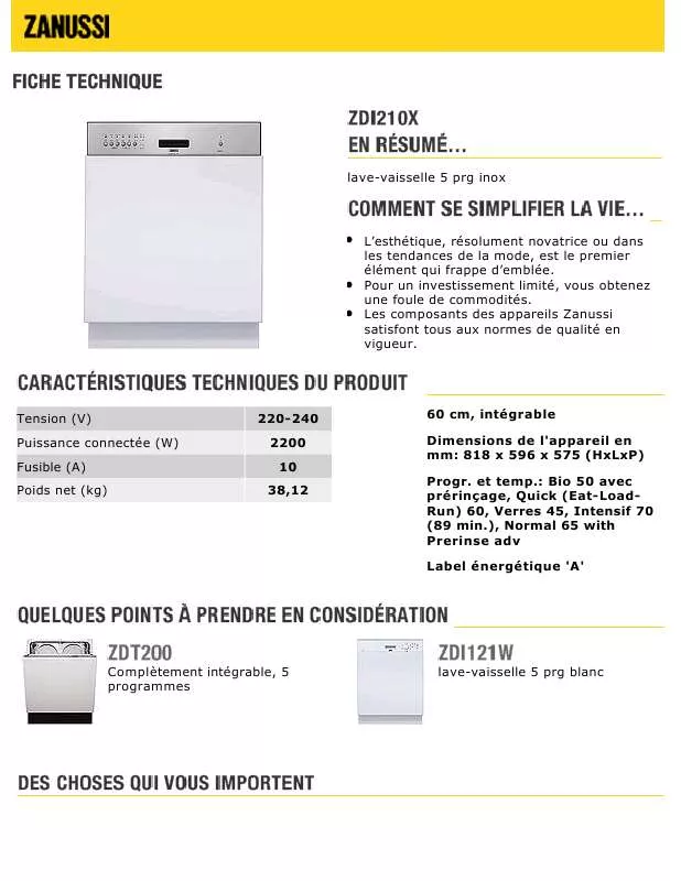 Mode d'emploi ZANUSSI ZDI210X