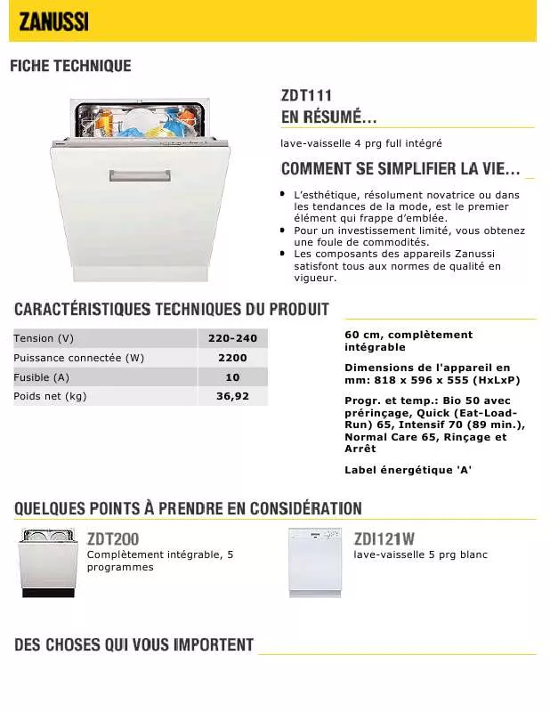 Mode d'emploi ZANUSSI ZDT111