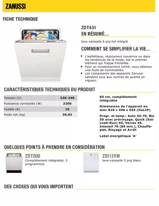 Mode d'emploi ZANUSSI ZDT431