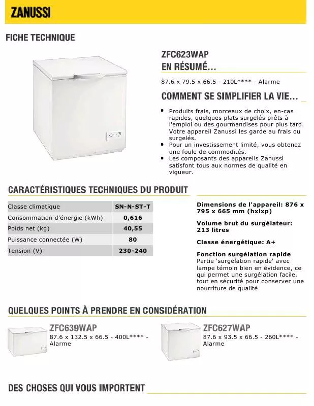 Mode d'emploi ZANUSSI ZFC623WAP