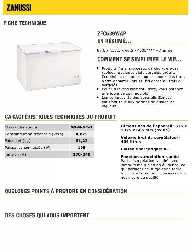 Mode d'emploi ZANUSSI ZFC639WAP