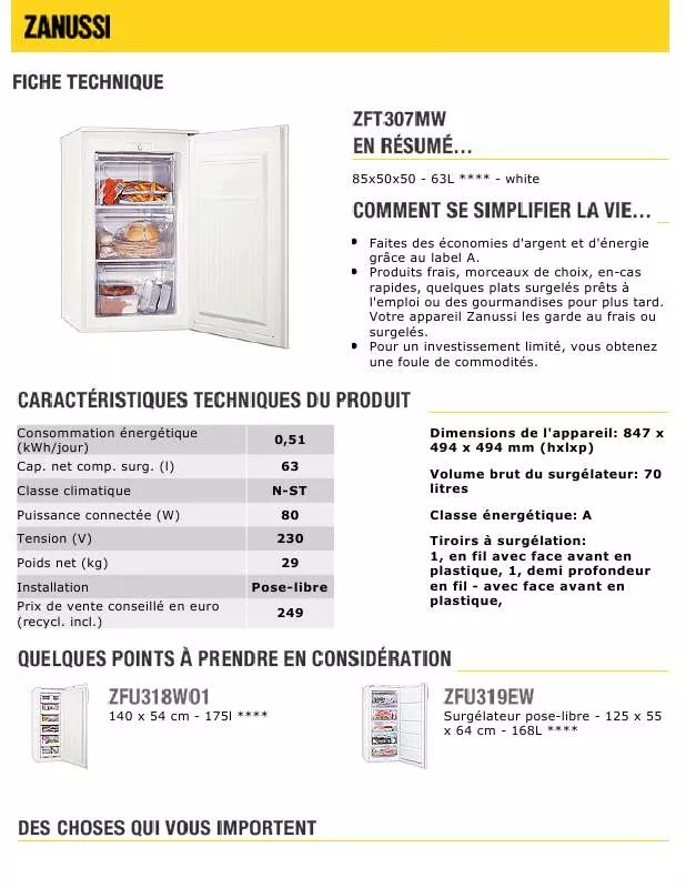 Mode d'emploi ZANUSSI ZFT307MW