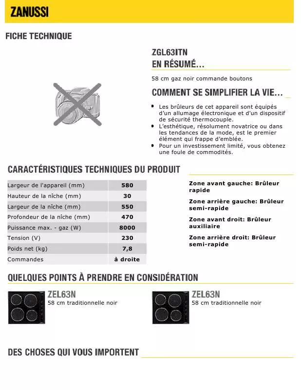 Mode d'emploi ZANUSSI ZGL63ITN