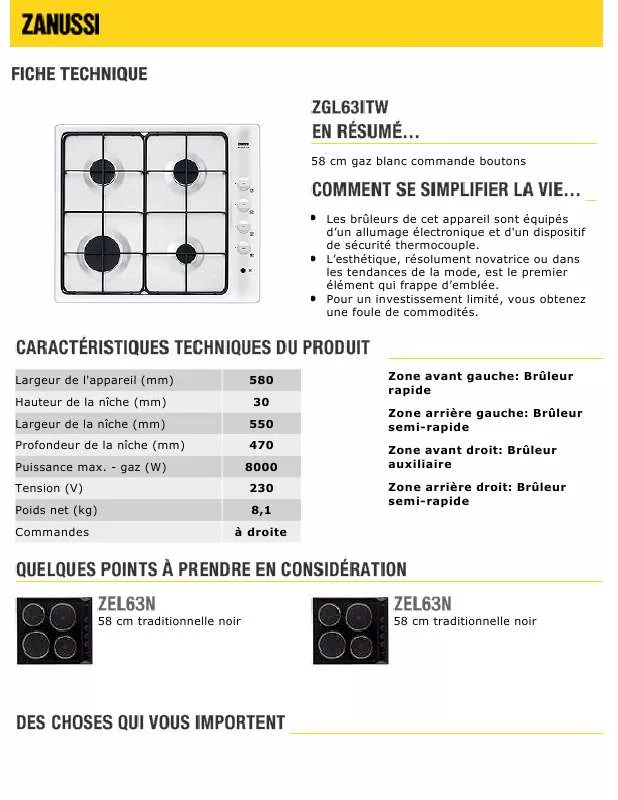 Mode d'emploi ZANUSSI ZGL63ITW