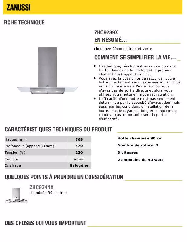 Mode d'emploi ZANUSSI ZHC9239X