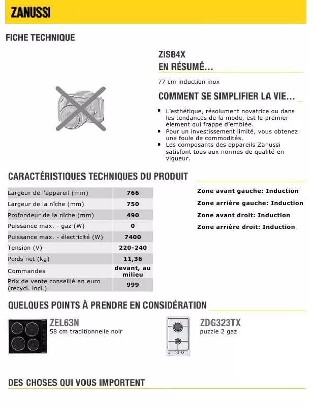 Mode d'emploi ZANUSSI ZIS84X