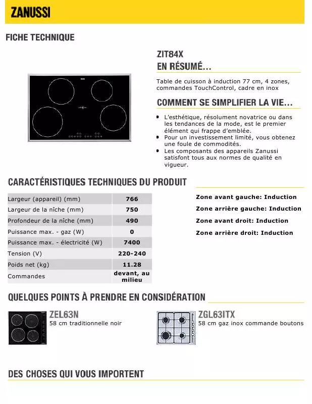 Mode d'emploi ZANUSSI ZIT84X