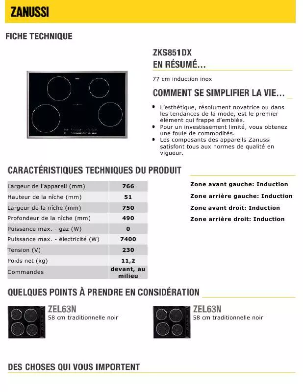 Mode d'emploi ZANUSSI ZKS851DX