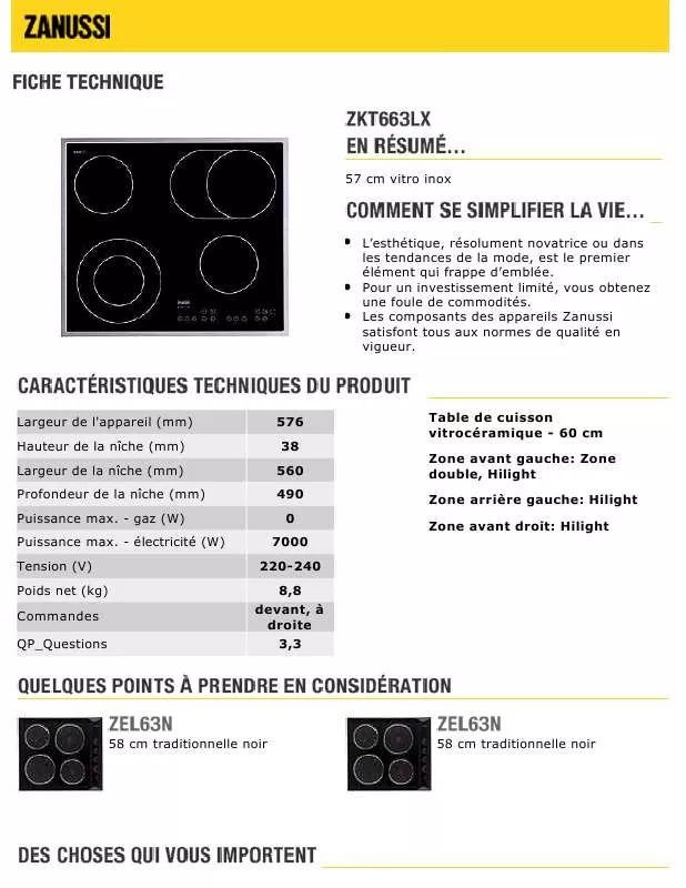 Mode d'emploi ZANUSSI ZKT663LX