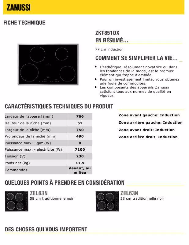 Mode d'emploi ZANUSSI ZKT851DX