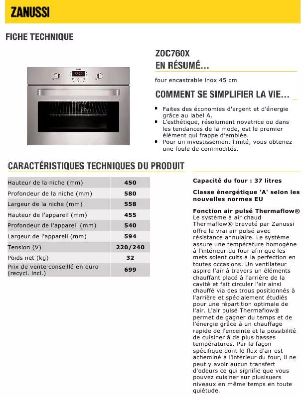 Mode d'emploi ZANUSSI ZOC760X