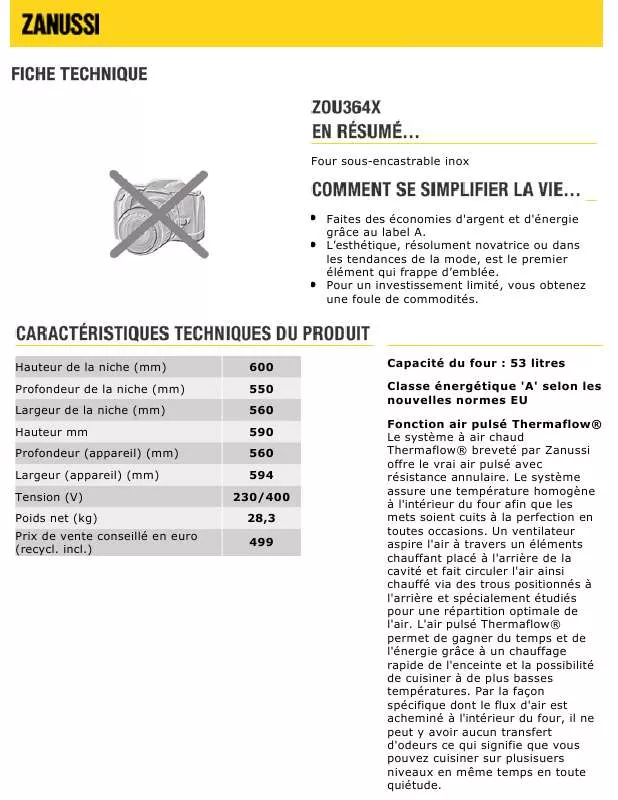 Mode d'emploi ZANUSSI ZOU364X