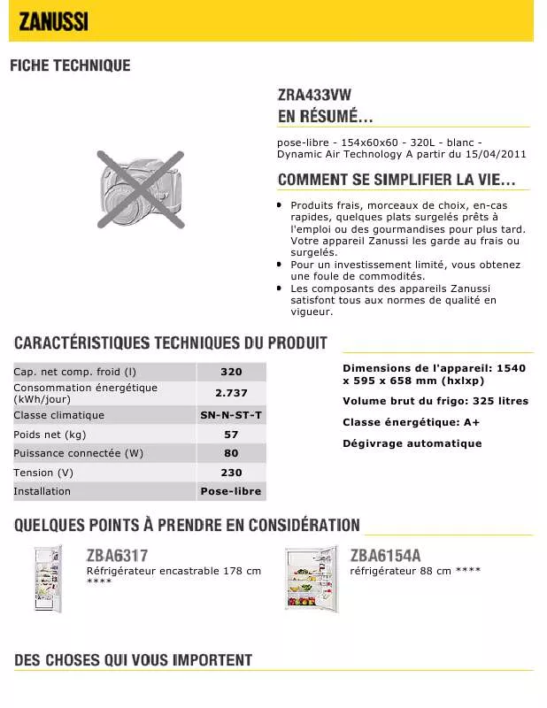 Mode d'emploi ZANUSSI ZRA433VW