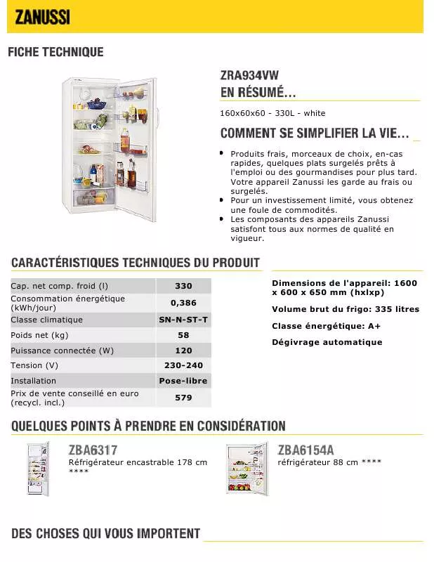 Mode d'emploi ZANUSSI ZRA934VW