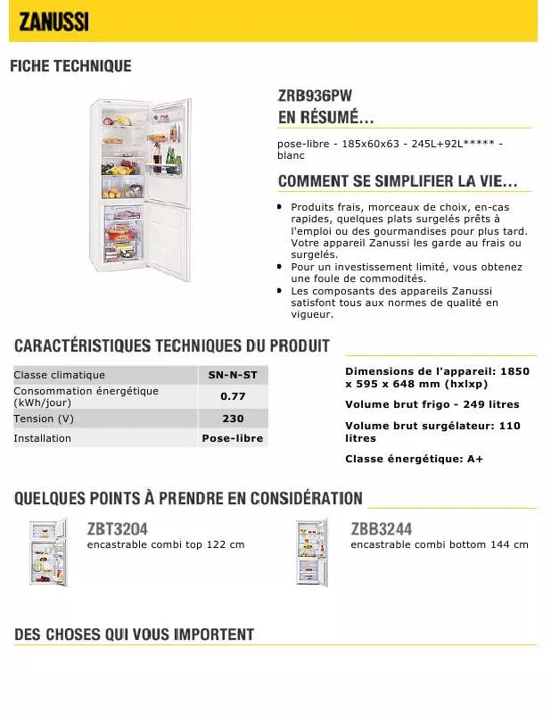 Mode d'emploi ZANUSSI ZRB936PW