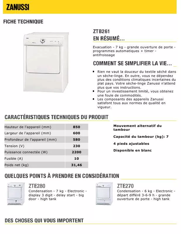 Mode d'emploi ZANUSSI ZTB261