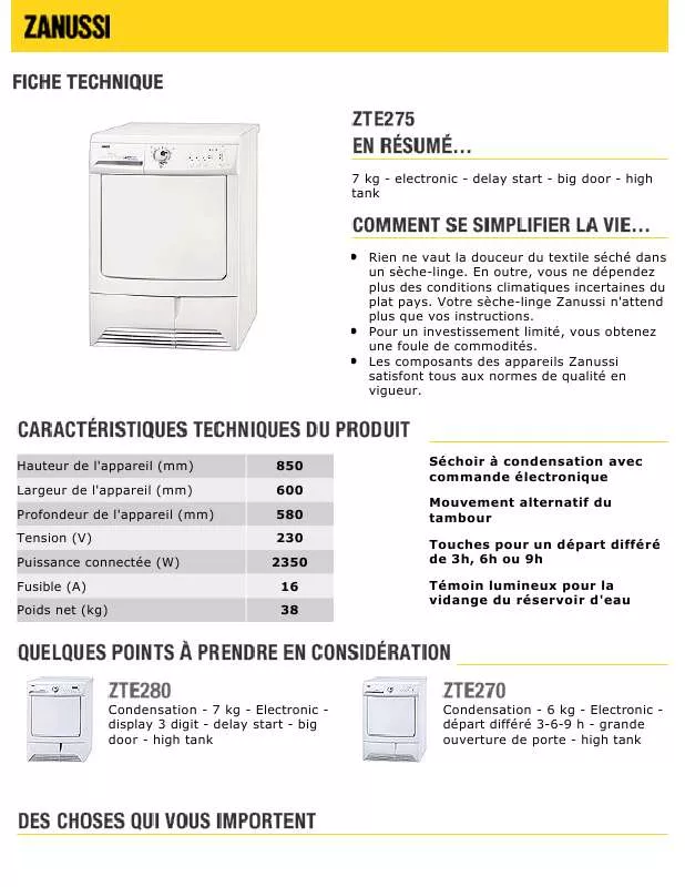 Mode d'emploi ZANUSSI ZTE275