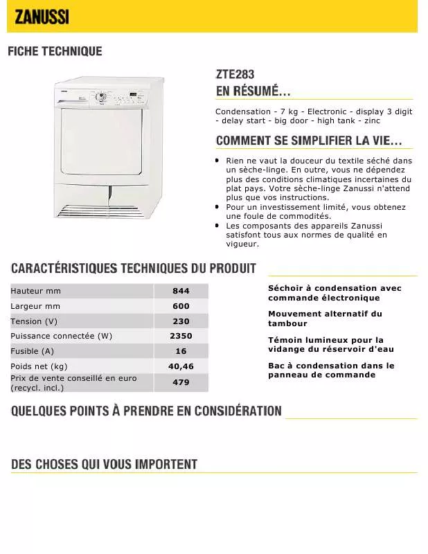 Mode d'emploi ZANUSSI ZTE283