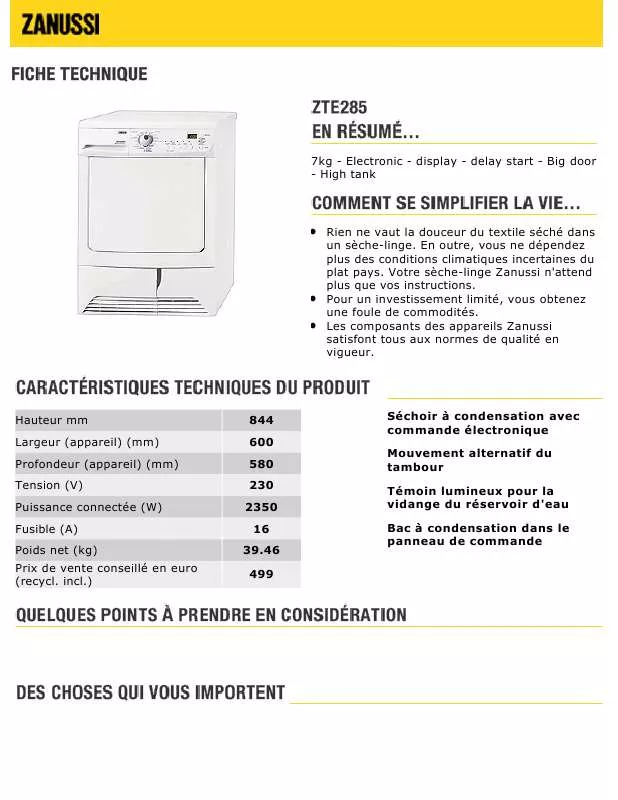 Mode d'emploi ZANUSSI ZTE285