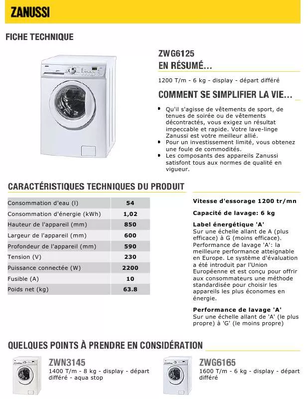 Mode d'emploi ZANUSSI ZWG6125