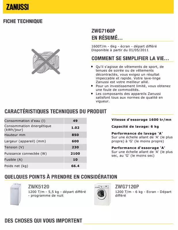 Mode d'emploi ZANUSSI ZWG7160P